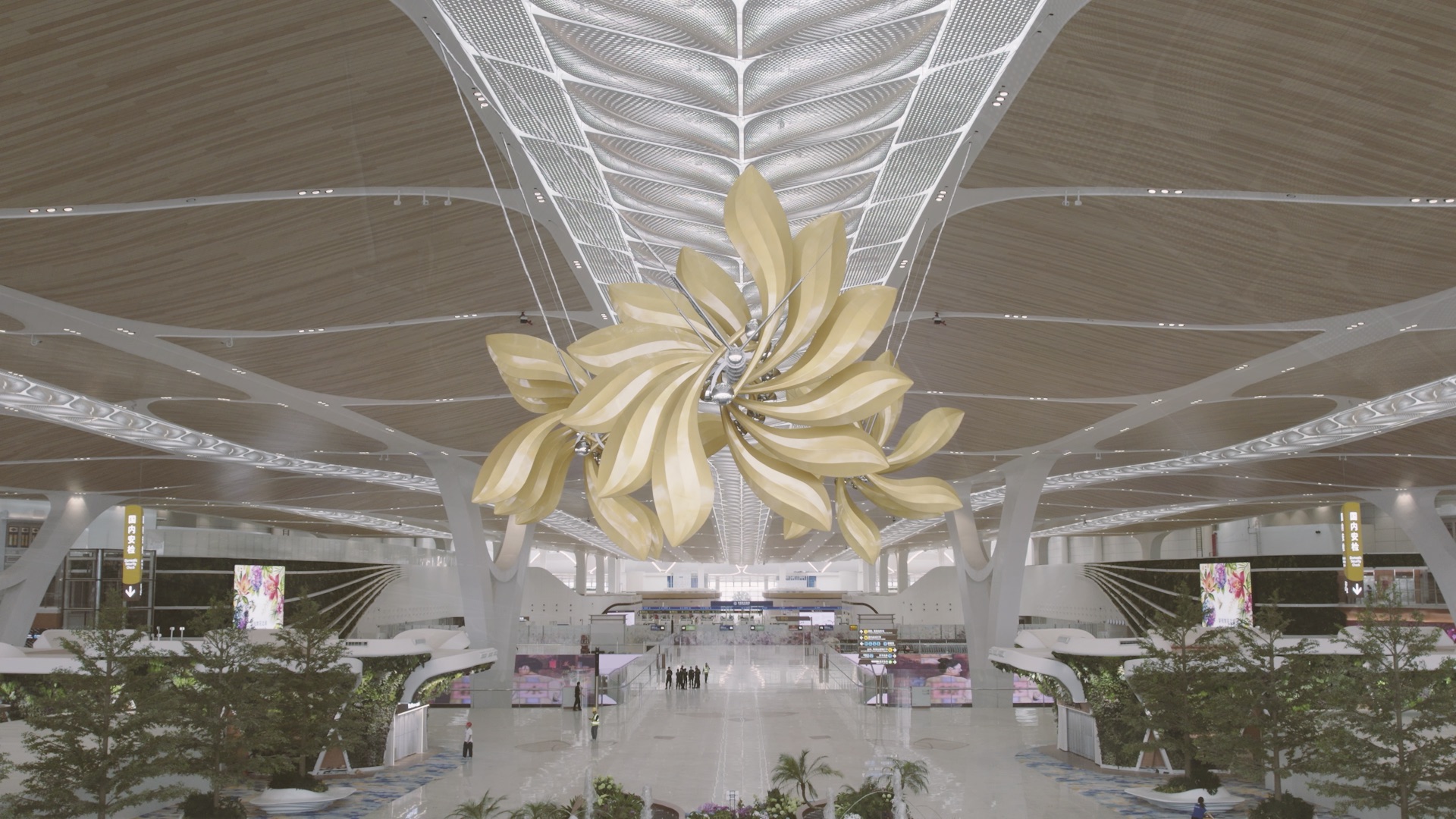 Wide view of Samaras installation in the airport terminal